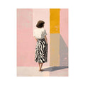Fashion woman canvas art with pink wall and yellow panel for stylish bedroom decor.