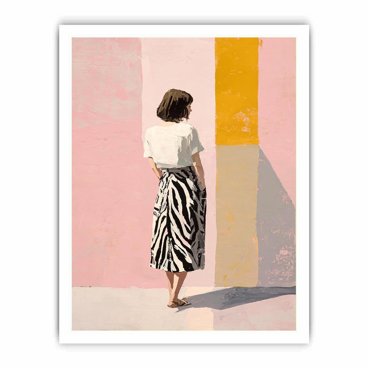 Fashion woman canvas art with pink wall and yellow panel for stylish bedroom decor.