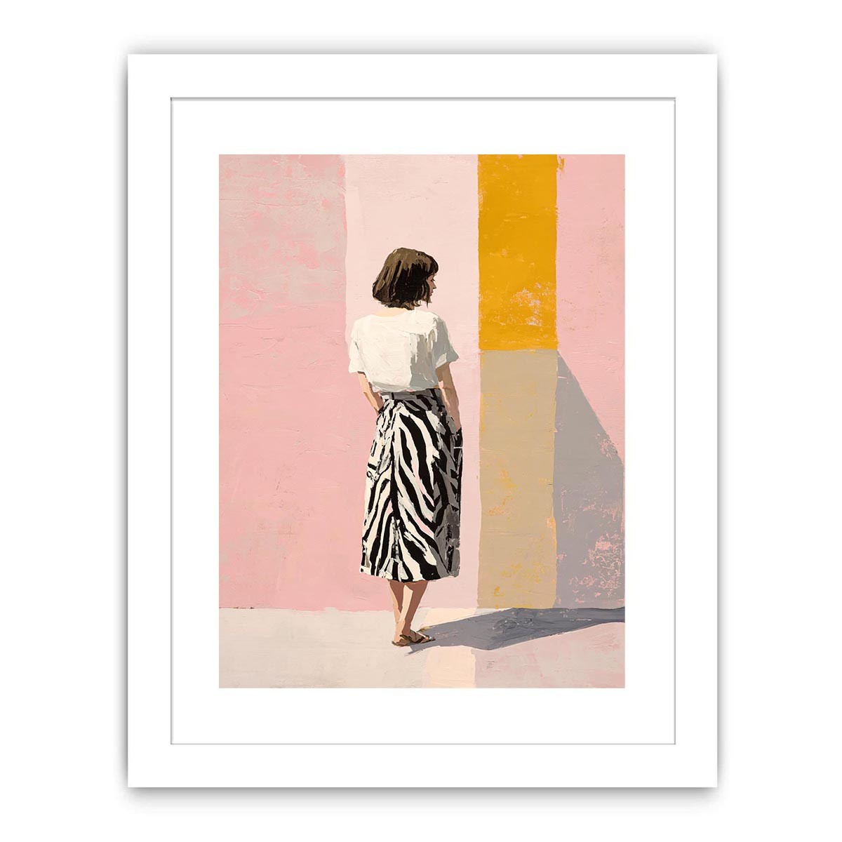 Fashion woman canvas art with pink wall and yellow panel for stylish bedroom decor.