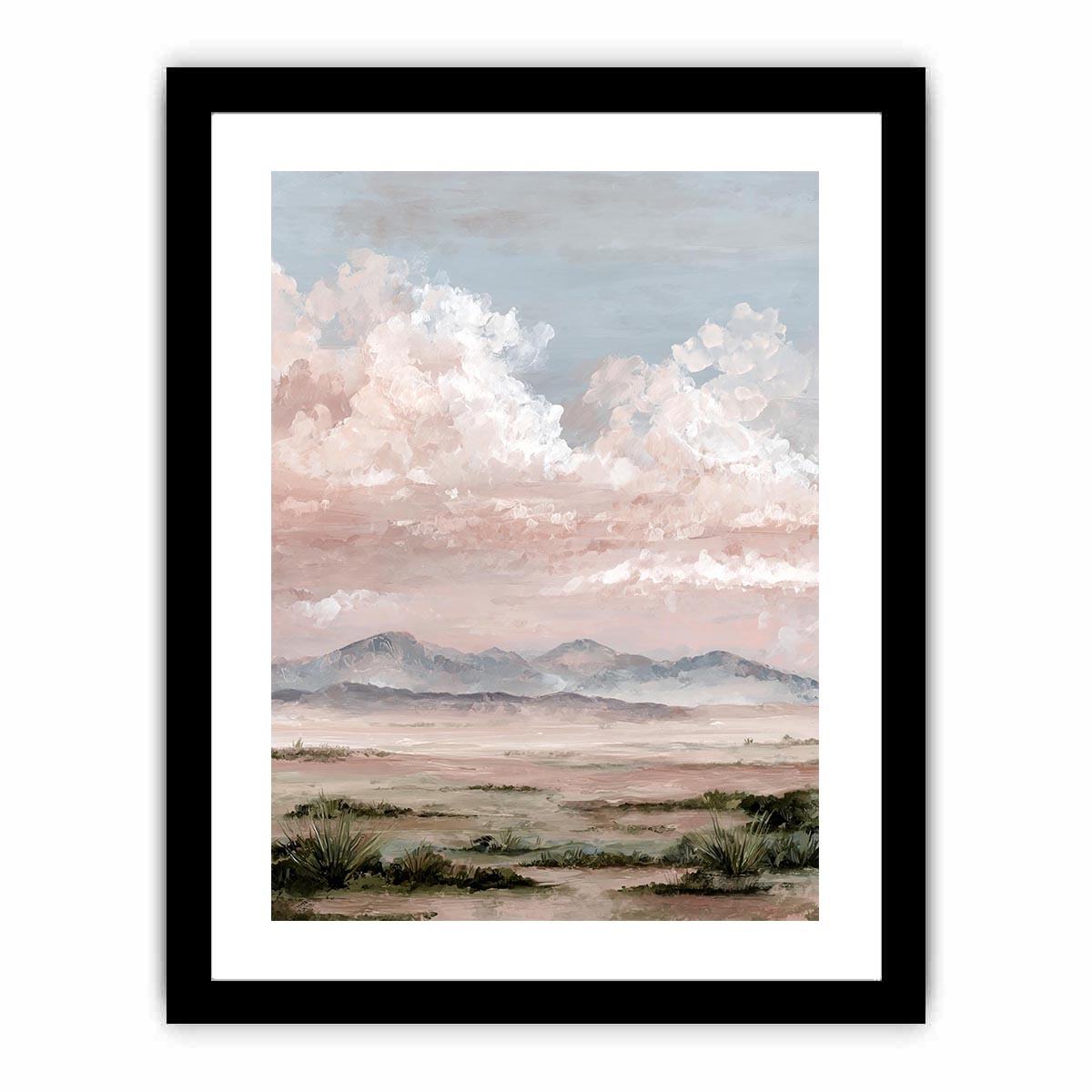 Soft desert landscape canvas art with blush clouds and mountains for calm bedroom decor.