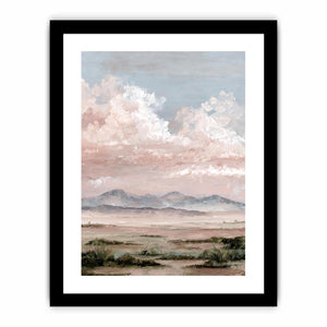 Soft desert landscape canvas art with blush clouds and mountains for calm bedroom decor.