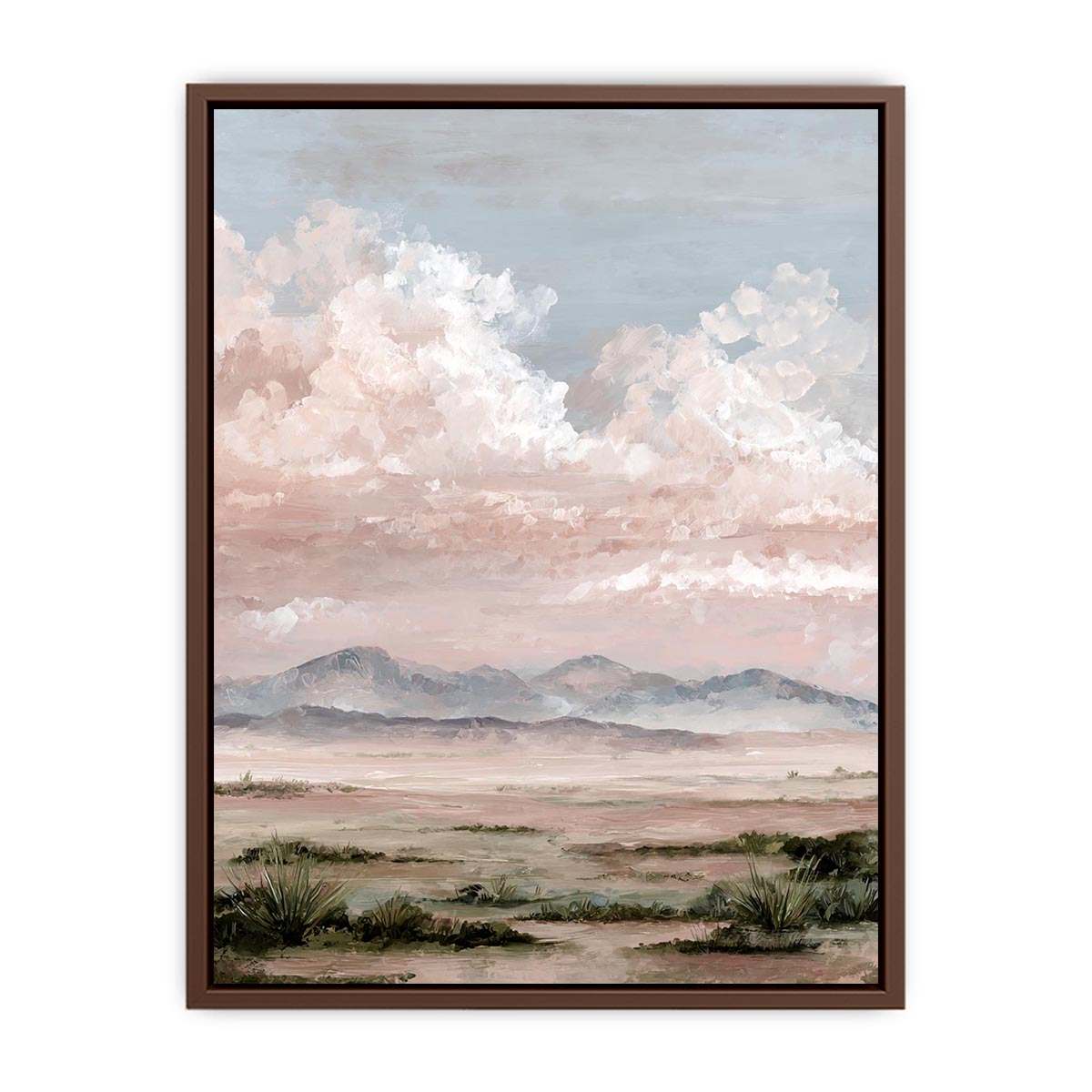 Soft desert landscape canvas art with blush clouds and mountains for calm bedroom decor.