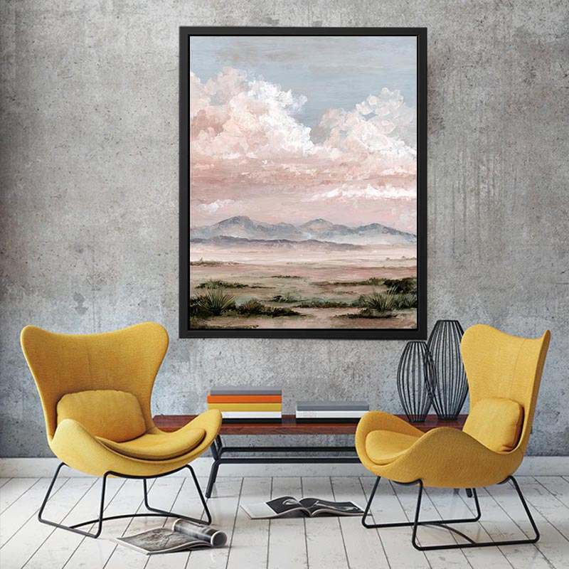 Soft desert landscape canvas art with blush clouds and mountains for calm bedroom decor.