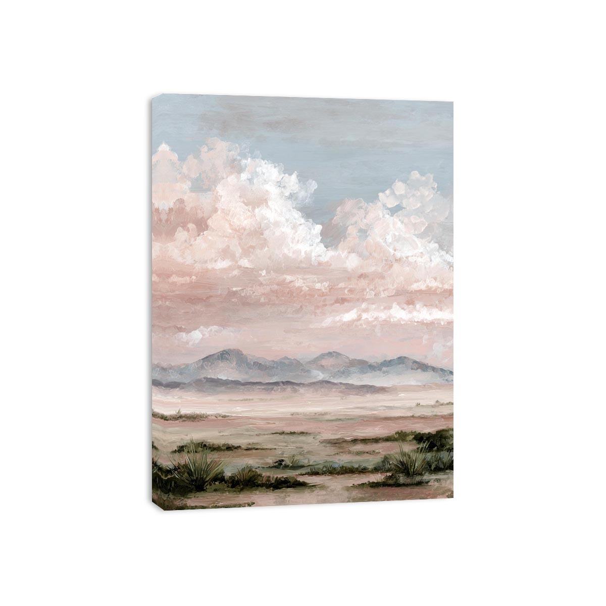 Soft desert landscape canvas art with blush clouds and mountains for calm bedroom decor.
