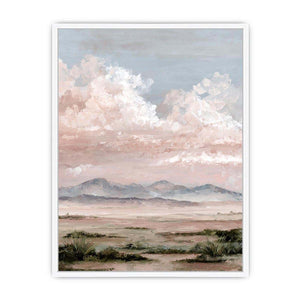 Soft desert landscape canvas art with blush clouds and mountains for calm bedroom decor.