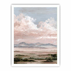 Soft desert landscape canvas art with blush clouds and mountains for calm bedroom decor.
