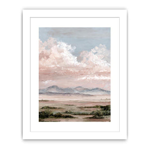 Soft desert landscape canvas art with blush clouds and mountains for calm bedroom decor.