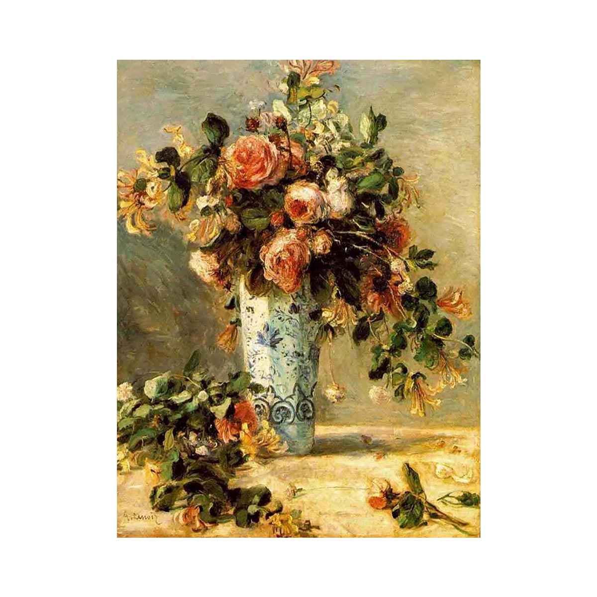 Roses And Jasmine In A Delft Vase by Pierre Auguste Renoir