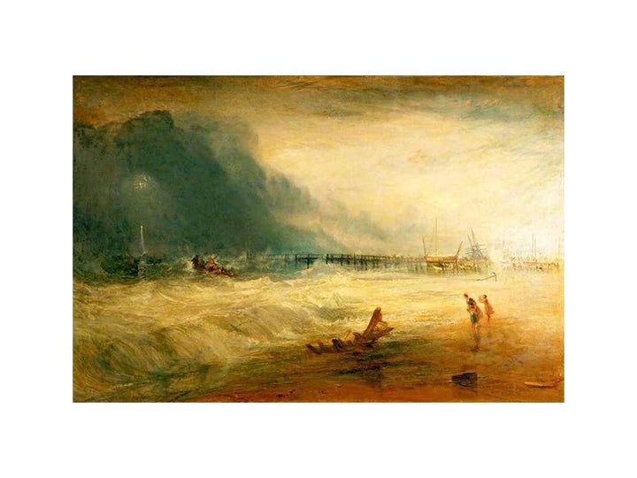 Lifeboat and Manby Apparatus going off to a stranded vessel making signal blue lights of distress , c.1831

