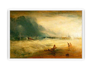 Lifeboat and Manby Apparatus going off to a stranded vessel making signal blue lights of distress , c.1831 Framed Print