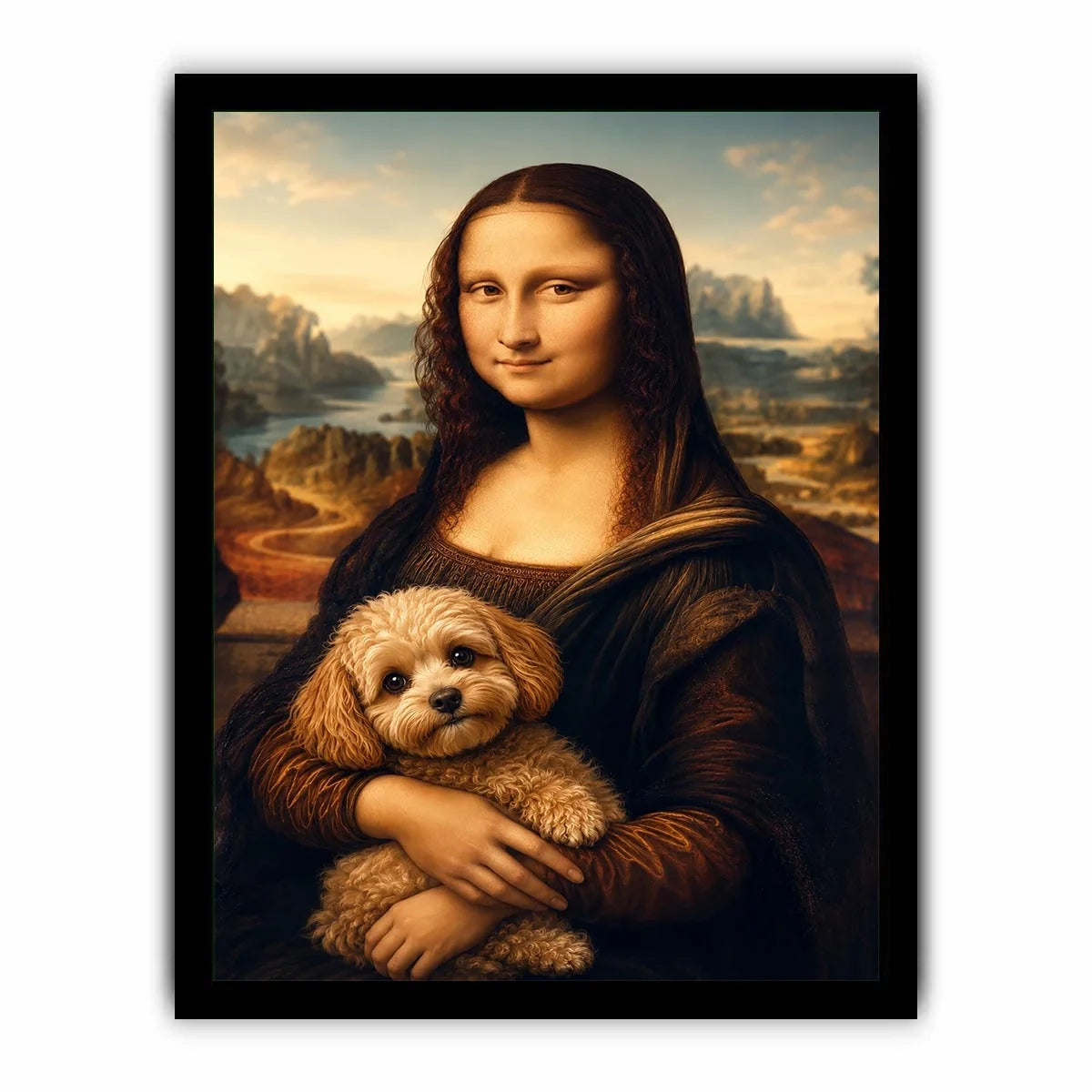 Funny Mona Lisa dog wall art featuring Renaissance inspired portrait with adorable dachshund in whimsical artistic painting style