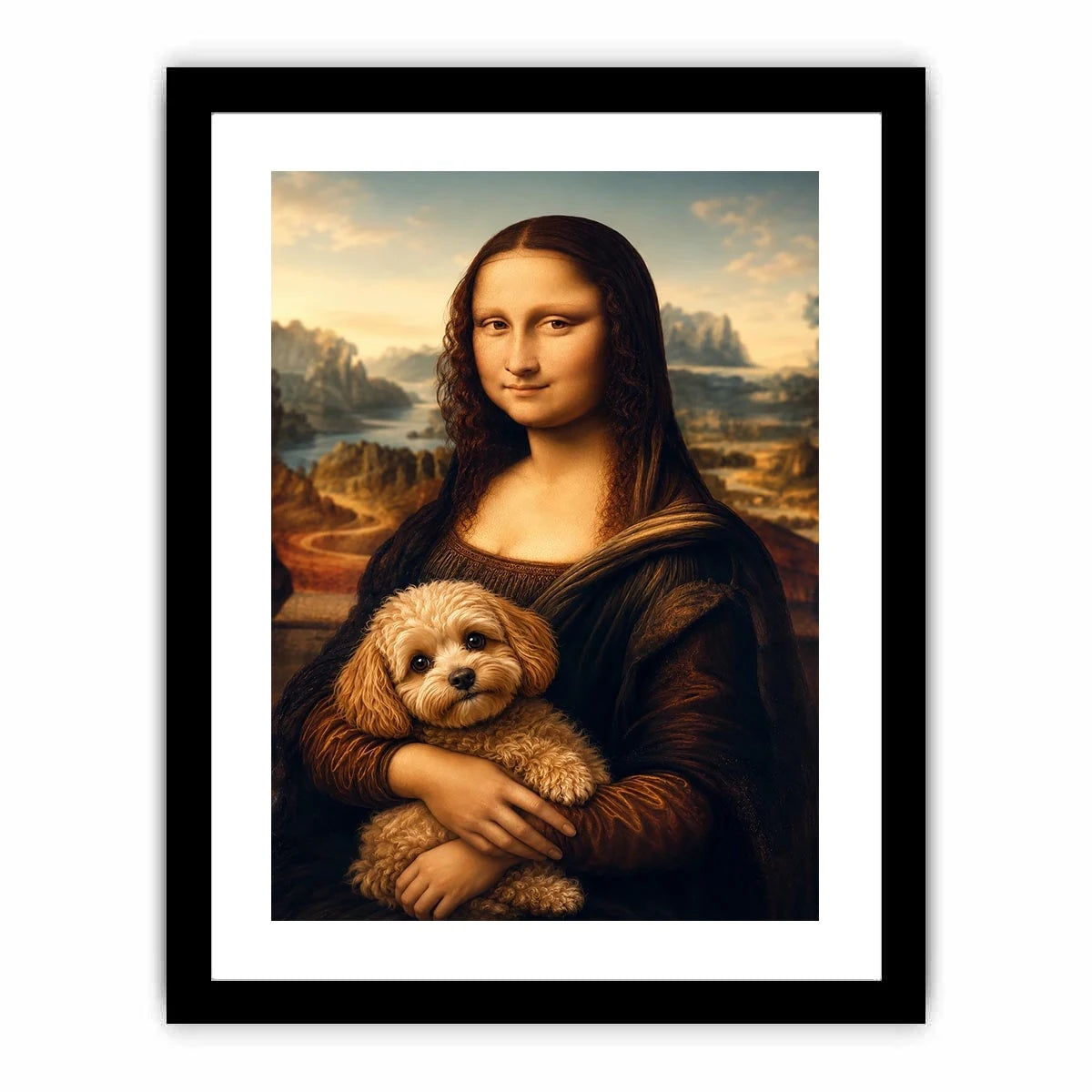 Funny Mona Lisa dog wall art featuring Renaissance inspired portrait with adorable dachshund in whimsical artistic painting style