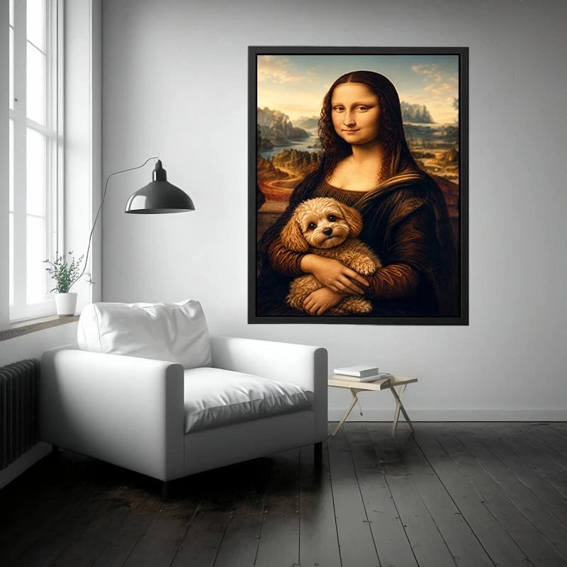 Funny Mona Lisa dog wall art featuring Renaissance inspired portrait with adorable dachshund in whimsical artistic painting style