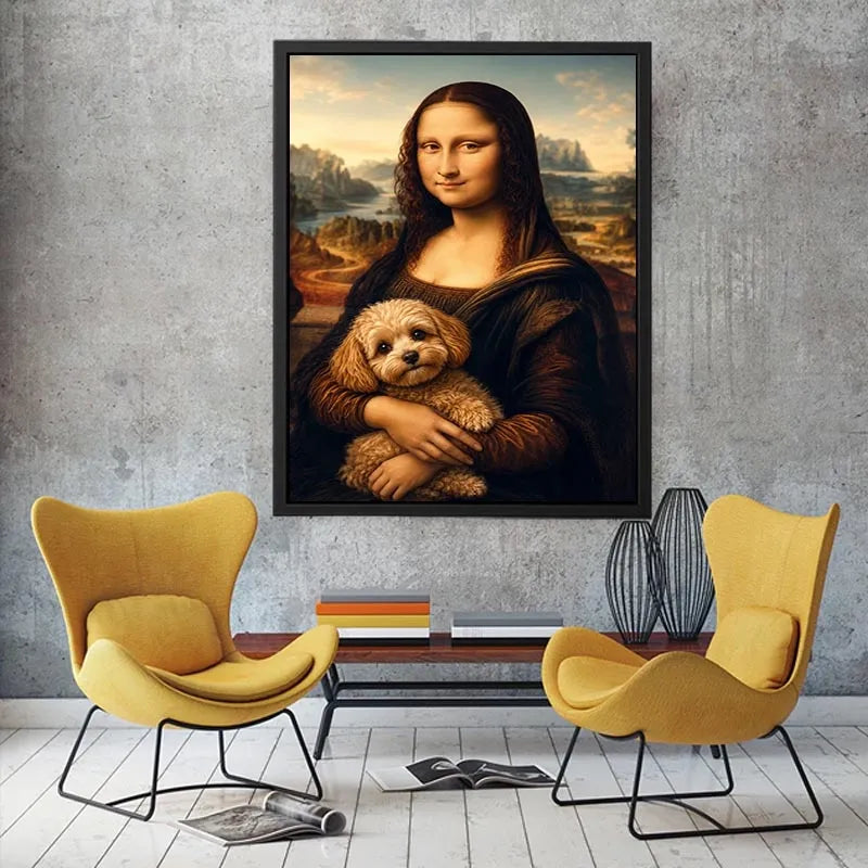 Funny Mona Lisa dog wall art featuring Renaissance inspired portrait with adorable dachshund in whimsical artistic painting style