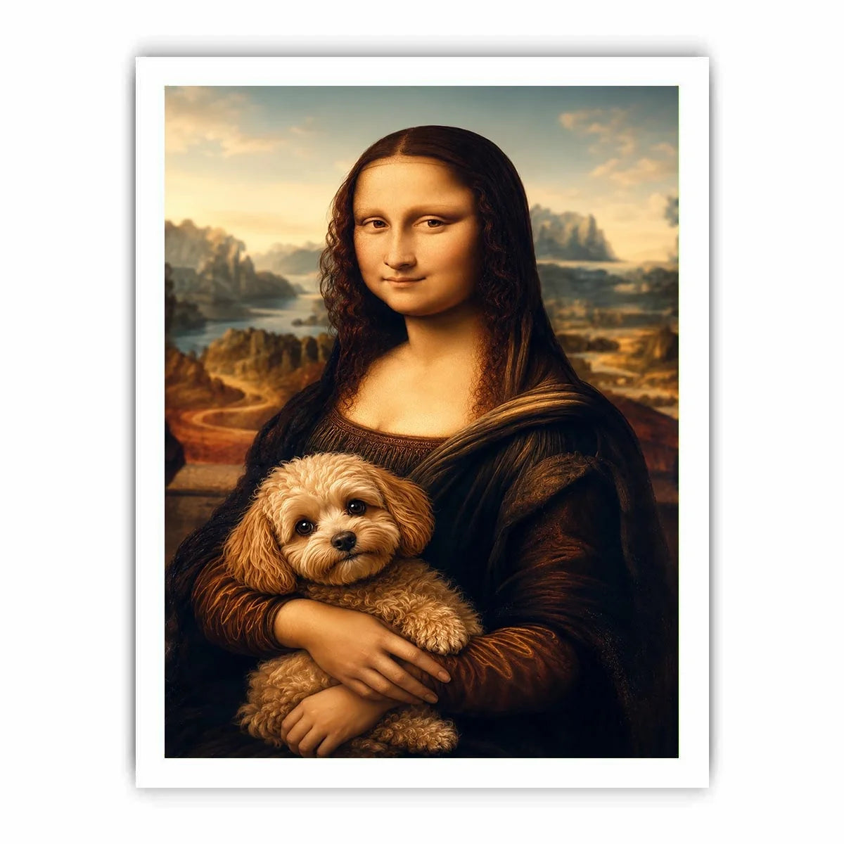 Funny Mona Lisa dog wall art featuring Renaissance inspired portrait with adorable dachshund in whimsical artistic painting style