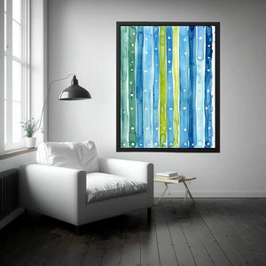 Abstract blue green vertical watercolor stripes wall art canvas, calming coastal modern minimalist painting for living room decor