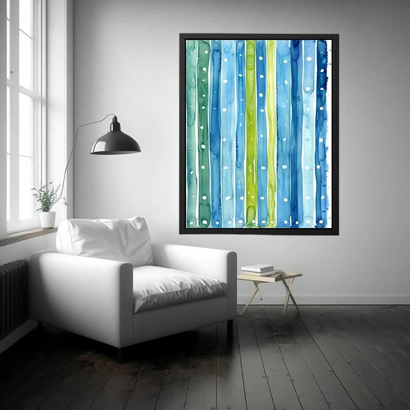 Abstract blue green vertical watercolor stripes wall art canvas, calming coastal modern minimalist painting for living room decor