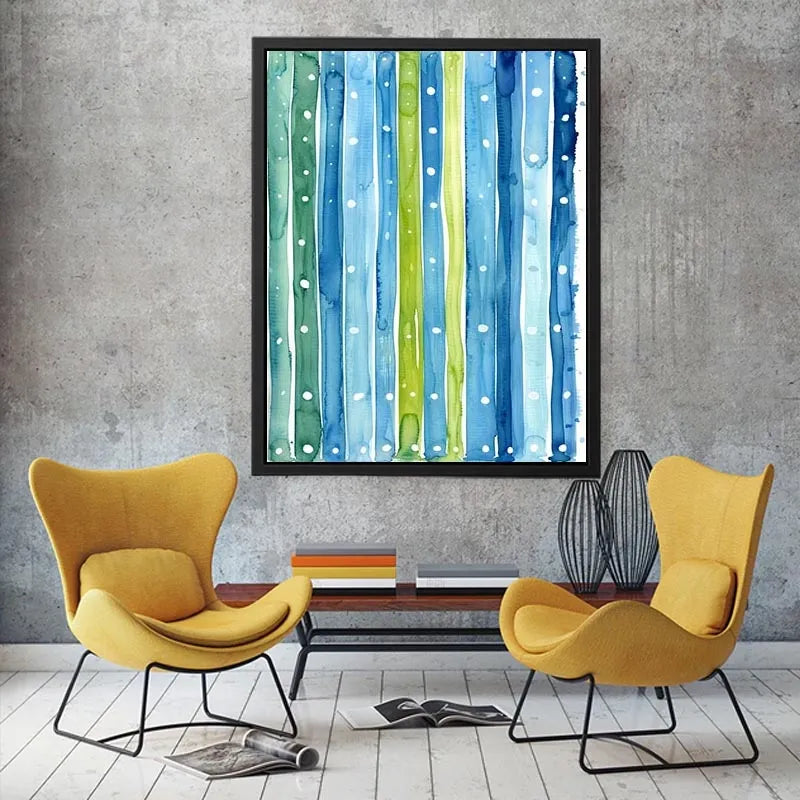 Abstract blue green vertical watercolor stripes wall art canvas, calming coastal modern minimalist painting for living room decor