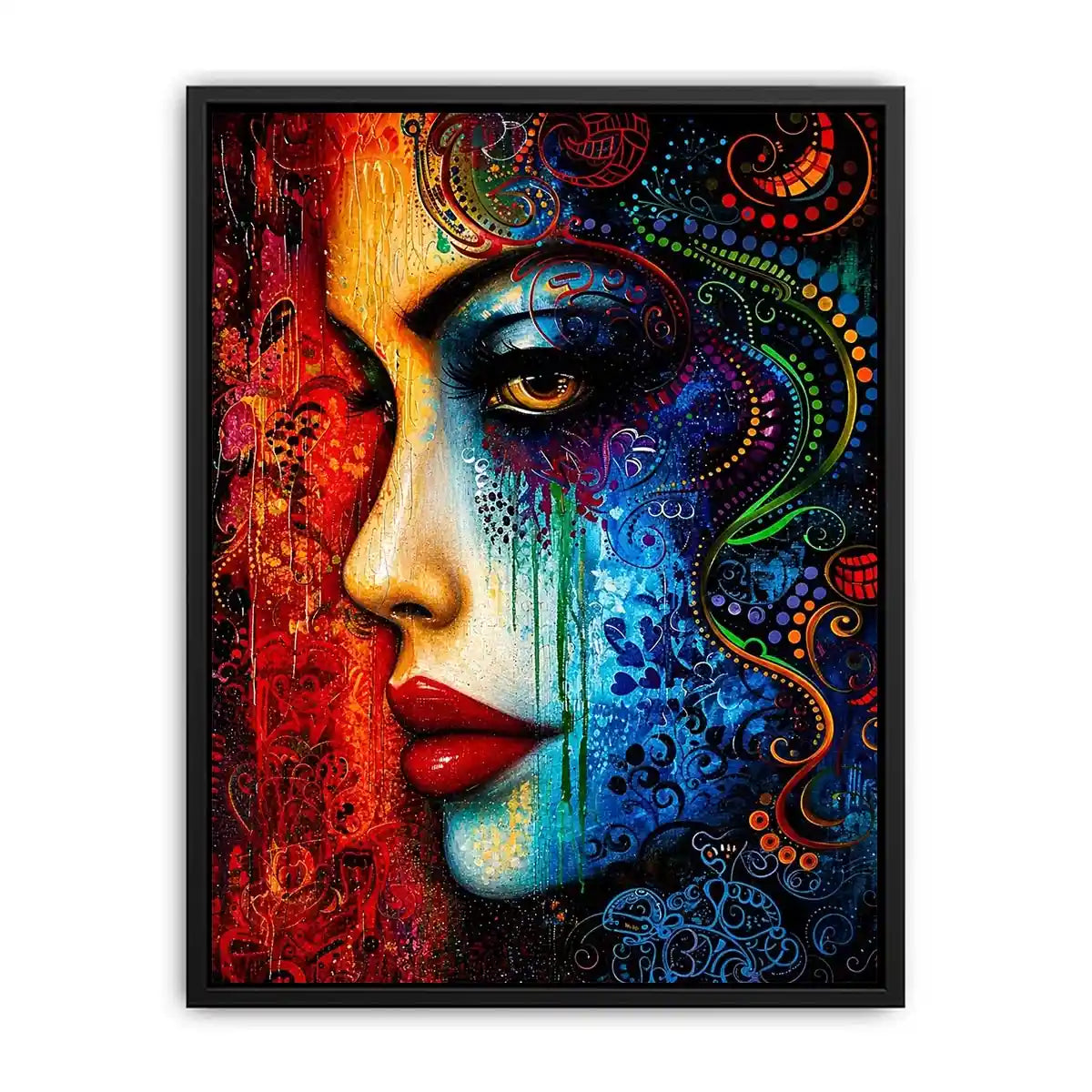 Colorful abstract woman face painting canvas, modern vibrant portrait wall art for living room statement decor