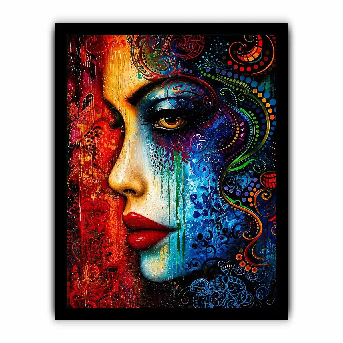 Colorful abstract woman face painting canvas, modern vibrant portrait wall art for living room statement decor