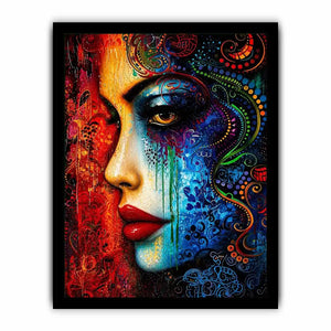 Colorful abstract woman face painting canvas, modern vibrant portrait wall art for living room statement decor