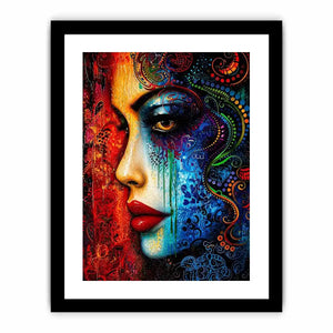 Colorful abstract woman face painting canvas, modern vibrant portrait wall art for living room statement decor