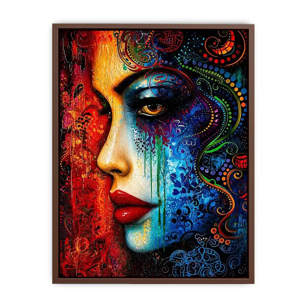 Colorful abstract woman face painting canvas, modern vibrant portrait wall art for living room statement decor