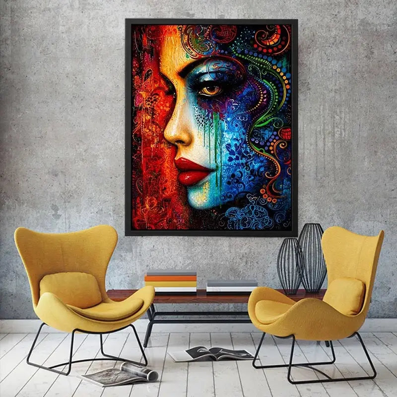 Colorful abstract woman face painting canvas, modern vibrant portrait wall art for living room statement decor