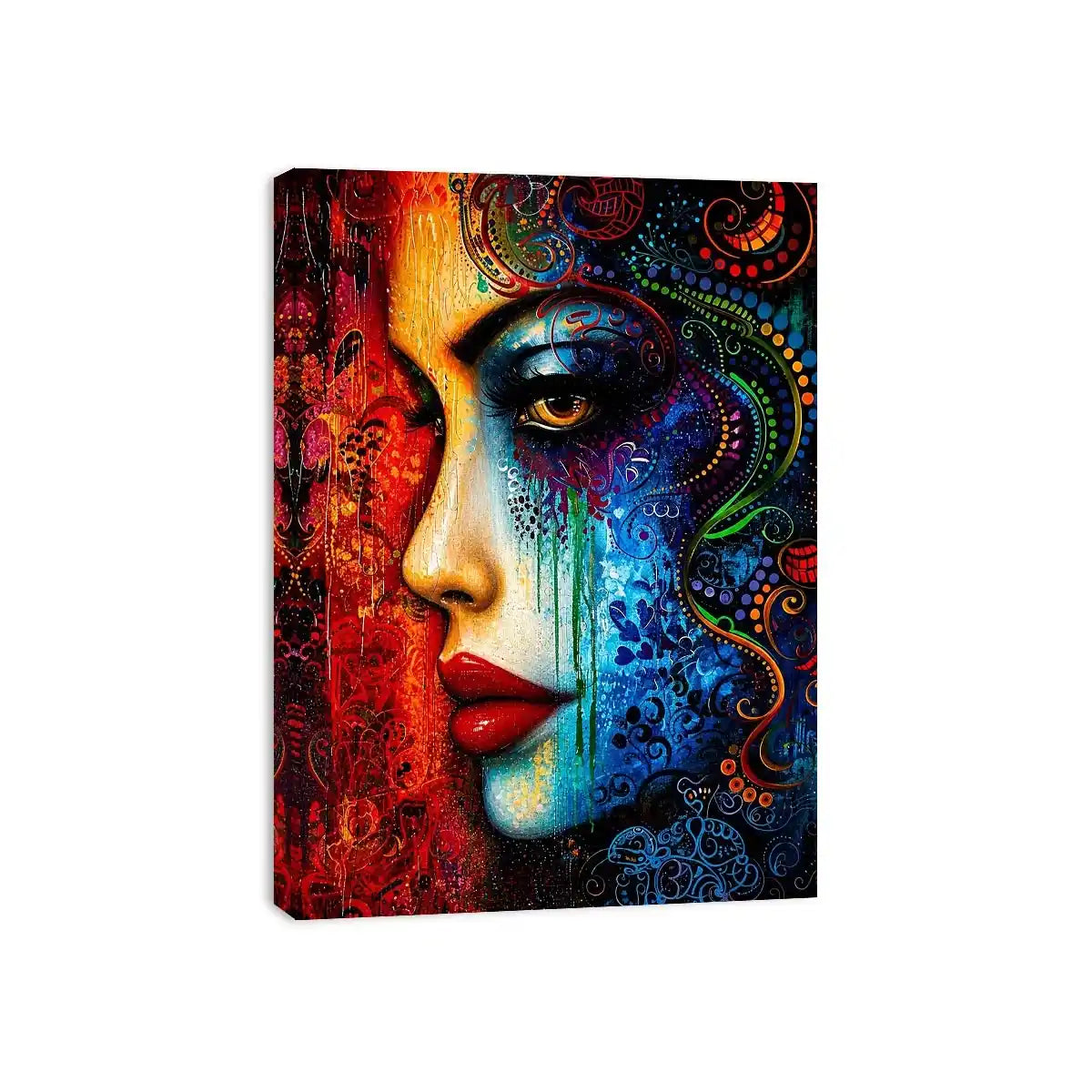 Colorful abstract woman face painting canvas, modern vibrant portrait wall art for living room statement decor