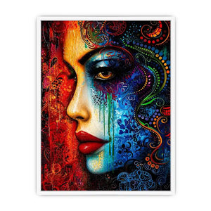 Colorful abstract woman face painting canvas, modern vibrant portrait wall art for living room statement decor