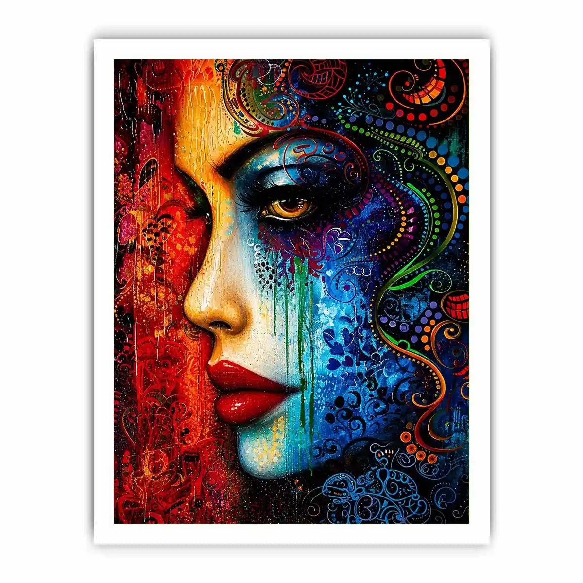 Colorful abstract woman face painting canvas, modern vibrant portrait wall art for living room statement decor
