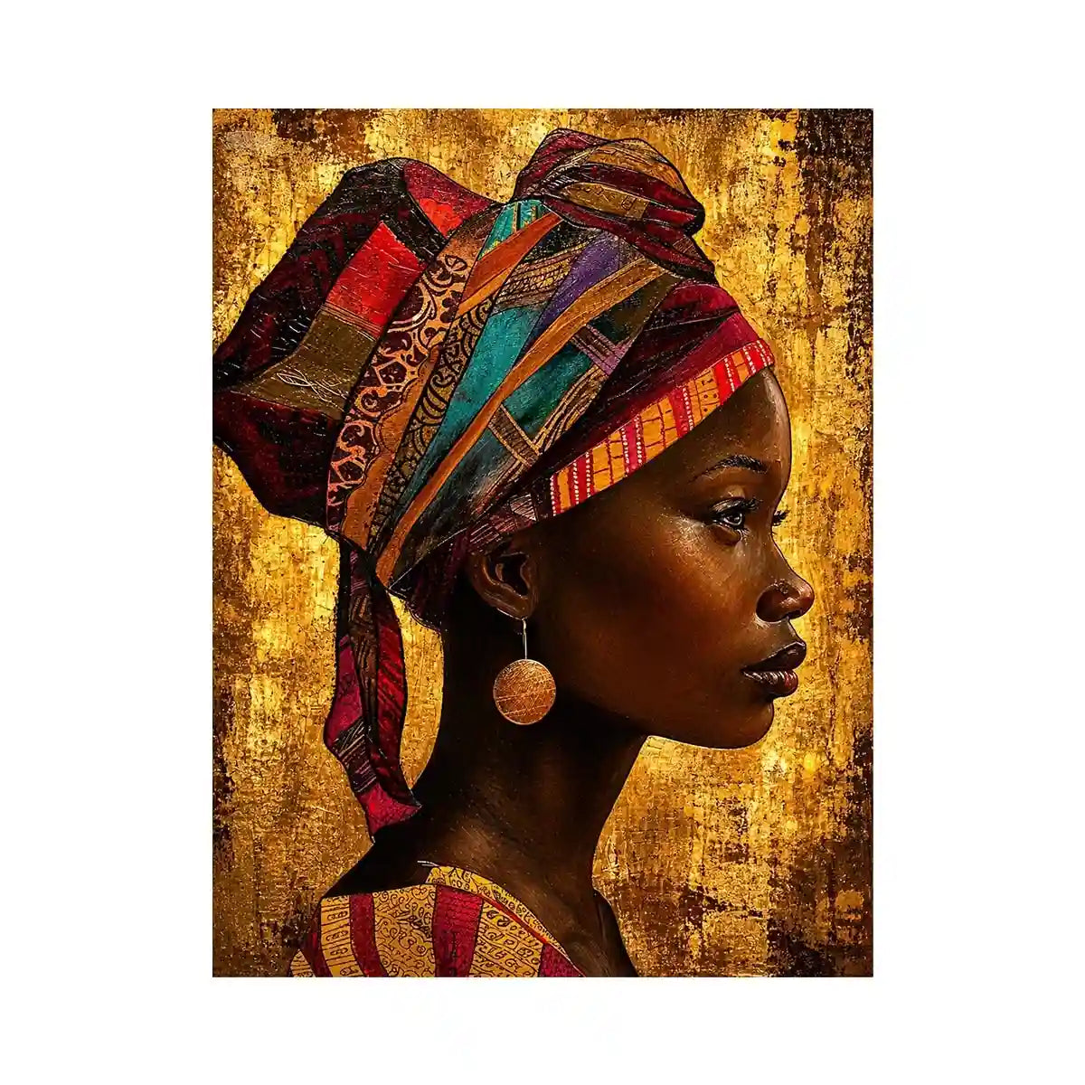 African woman profile portrait wall art with headwrap, earthy tones, textured canvas print for luxury modern home decor