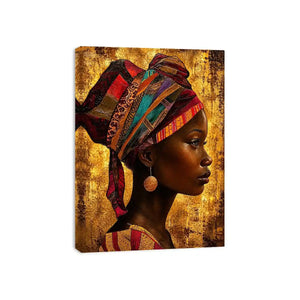 African woman profile portrait wall art with headwrap, earthy tones, textured canvas print for luxury modern home decor