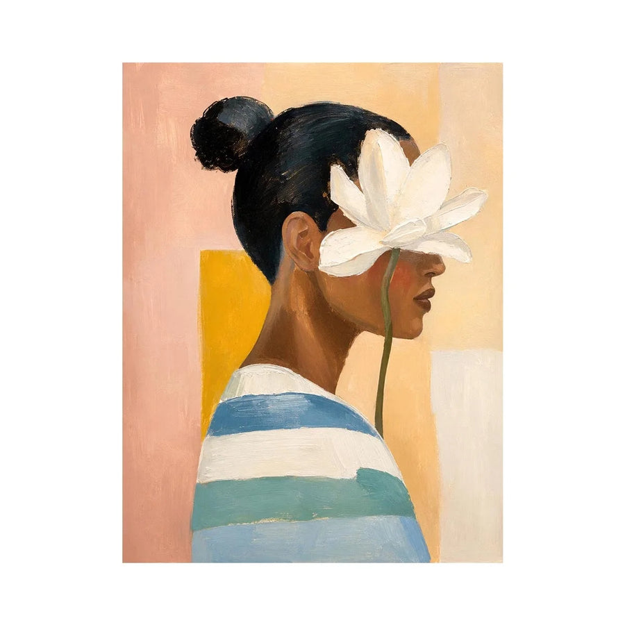 Minimal floral feminine portrait painting canvas art for elegant modern interior decor