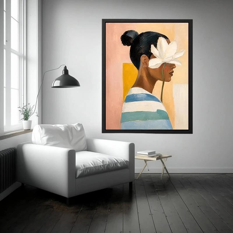 Minimal floral feminine portrait painting canvas art for elegant modern interior decor