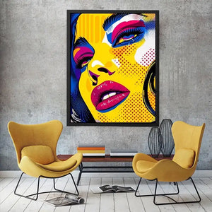 Bold pop art woman face colorful modern portrait wall art canvas design