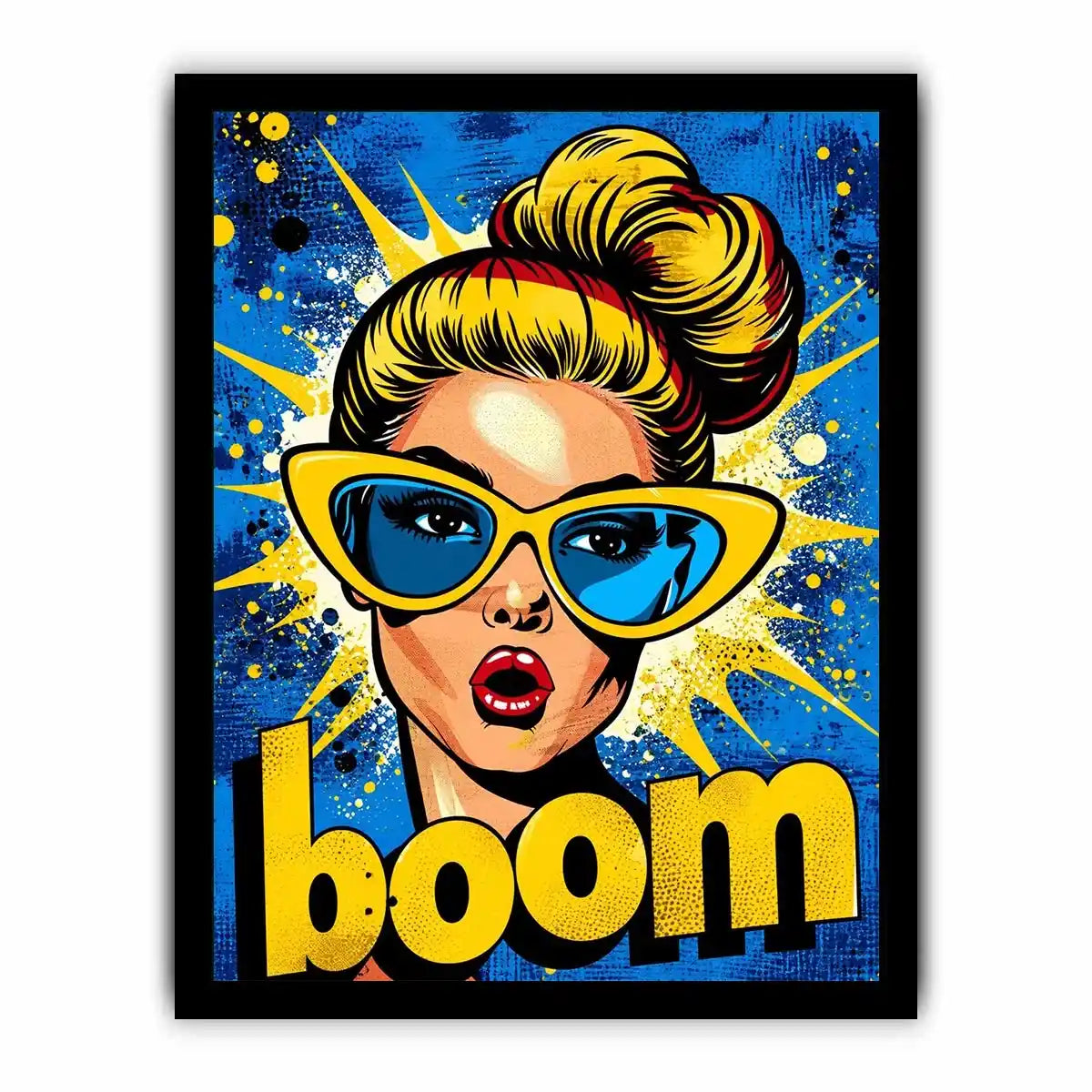 Retro pop art woman with sunglasses boom comic style colorful wall art