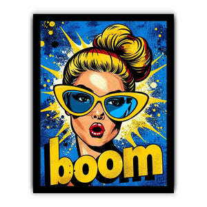 Retro pop art woman with sunglasses boom comic style colorful wall art
