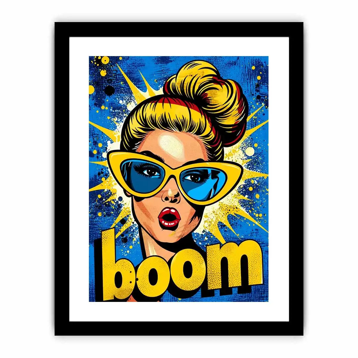Retro pop art woman with sunglasses boom comic style colorful wall art