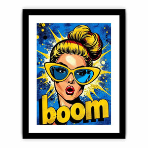 Retro pop art woman with sunglasses boom comic style colorful wall art