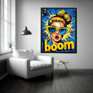 Retro pop art woman with sunglasses boom comic style colorful wall art