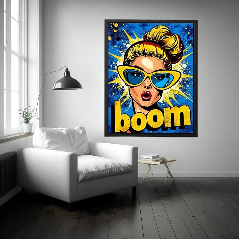 Retro pop art woman with sunglasses boom comic style colorful wall art