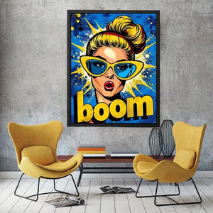 Retro pop art woman with sunglasses boom comic style colorful wall art