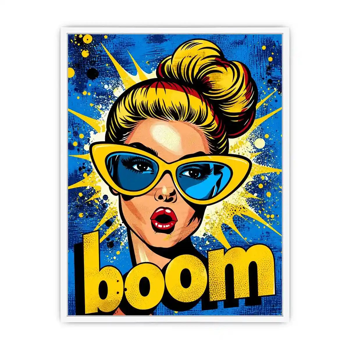 Retro pop art woman with sunglasses boom comic style colorful wall art