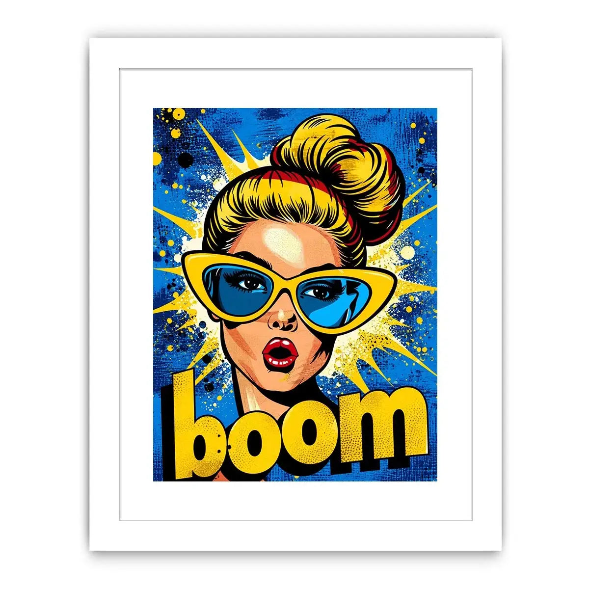 Retro pop art woman with sunglasses boom comic style colorful wall art