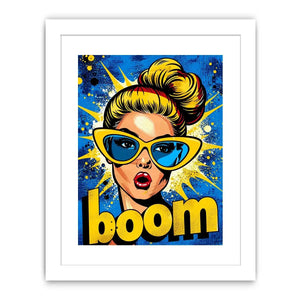 Retro pop art woman with sunglasses boom comic style colorful wall art