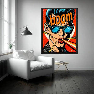 Retro pop art man with sunglasses boom comic style bold wall art canvas