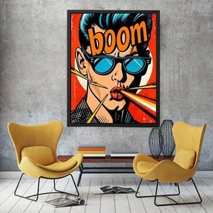 Retro pop art man with sunglasses boom comic style bold wall art canvas