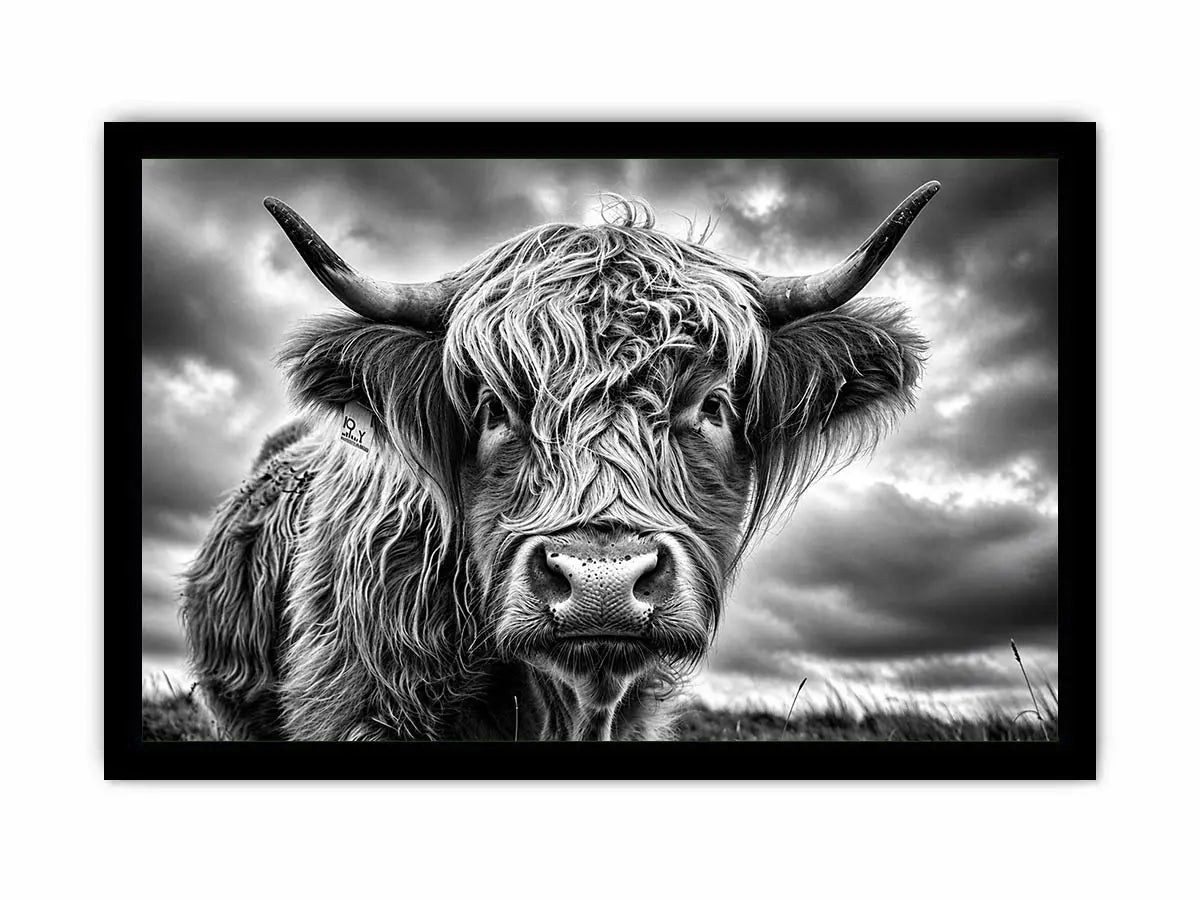 Black and white Highland cow portrait wall art with detailed fur texture and rustic farmhouse aesthetic