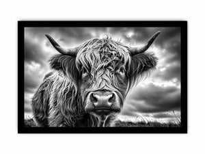 Black and white Highland cow portrait wall art with detailed fur texture and rustic farmhouse aesthetic